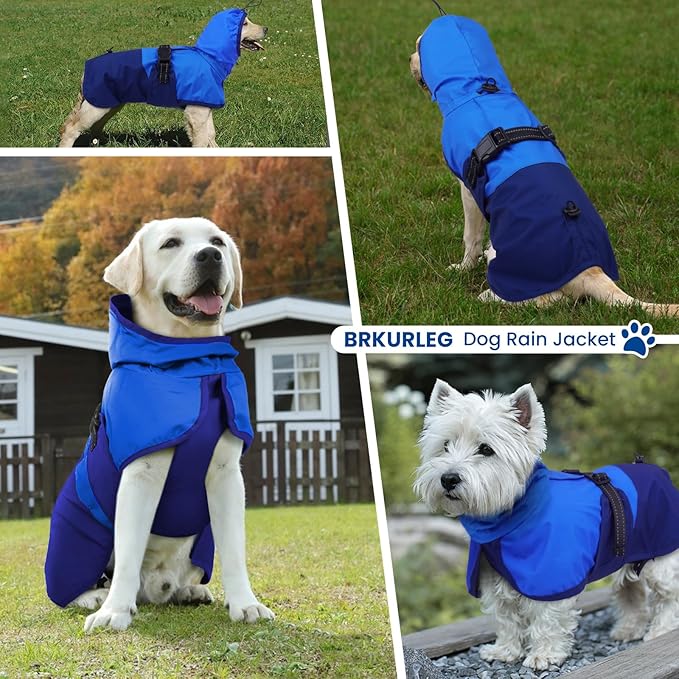 BRKURLEG Dog Raincoat Adjustable Dog Rain Jacket with Hood Dogs Waterproof Rainproof Jacket with Leash Hole Pet Poncho Rain Coat Poncho with Reflective Strip, Blue, L