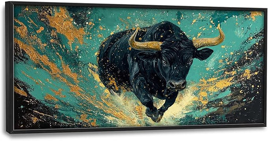 Large Bison Buffalo Wall Art for Living Room, Framed Oversized Bull Wall Decor, Abstract Teal and Golden Canvas Painting Modern Artwork for Living Room Bedroom Office Dining Room 60"x30"