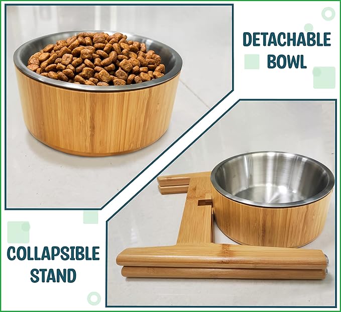 Raised Dog Bowl - Elevated 12-inch, Ideal for Large Breeds - Treats, Dry and Wet Foods Suitable - Deter Ants/Bugs, Tip-Over Resistant Stand - Steel and Bamboo