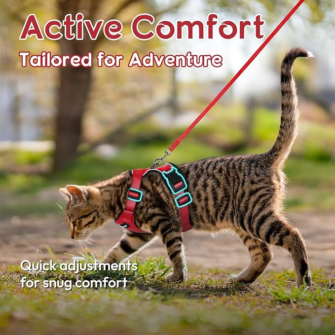 Dooradar Cat Harness and Leash Set, Escape Proof Safe Adjustable Kitten Vest Harnesses for Walking, Easy Control Soft Breathable Mesh Jacket with Reflective Strips for Cats, Red, XS