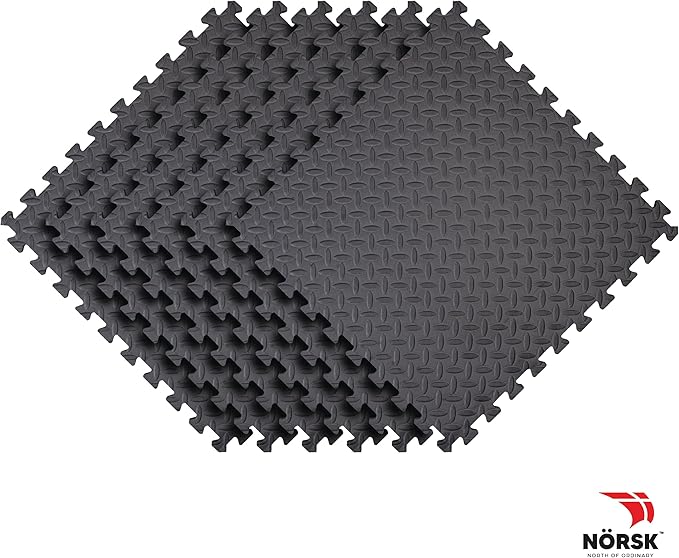 Norsk Foam Floor Gym Mats with Interlocking Tiles, .47" Thick, 24"x24", 60-Pack, 240 Square Feet, Diamond Plate Design, Grey