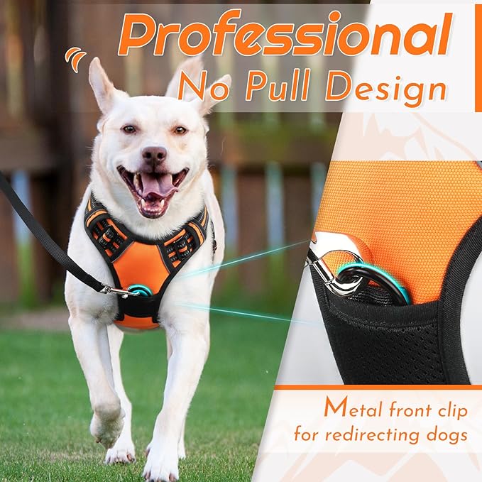 Eagloo Dog Harness for Large Dogs, No Pull Service Vest with Reflective Strips and Control Handle, Adjustable and Comfortable for Walking, No Choke Pet Harness with 2 Metal Rings, Orange, XL