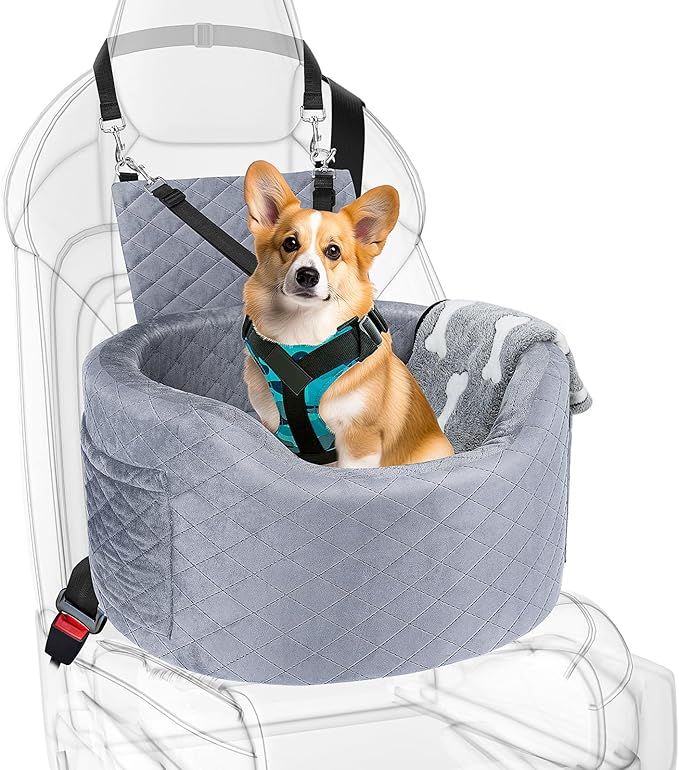 Dog Booster Car Seats for Small Medium Dogs, Fits Dogs Under 19", 28D High-Density Memory Foam with Waterproof Cover, Pet Travel Bed with Storage Pockets, Blanket, Dog Safety Belt