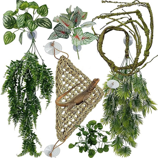 Reptile Plants for Bearded Dragon Tank Accessories, Terrarium Plant Artificial Decor for Snake Cage, Fake Plant for Leopard Gecko Habitat, Lizard Chameleon Ball Pythons (Group EN)