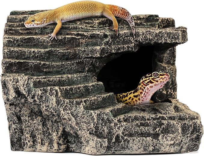 Reptile Hide, Great for Geckos, Snakes, Bearded Dragons & Lizards. with Steps for Rock Climbing, It Doubles as Aquarium Rock Cave Corner Cave for Climbing Hiding. (Stone, A-XLarge)