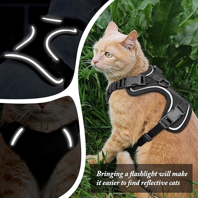 Cat Harness and Leash Set for Walking Escape Proof, Improved Four Place Adjustable Cat Car Harness, Soft Kittens Vest with Reflective Strip for Cats, Comfortable Outdoor Vest, Black, XS