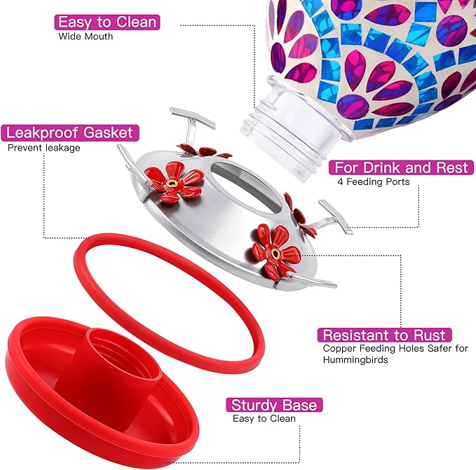 VOREEN Glass Mosaic Hummingbird Feeders, 34OZ with Ant Moat & 4 Feeding Ports, Hand Blown Glass Outdoor Hanging Bird Feeder, Porch Garden Backyard Decor, Gift for Mom Wife Friend, Purple Flower Design