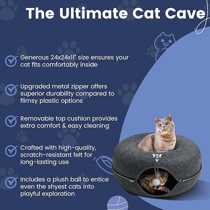 Premium Large Size 24 Inch Cat Tunnel Bed - With Upgraded Metal Zipper - Detachable Round Design - Washable - and Scratch Resistant - Includes 3 Toys and Removable Cushion