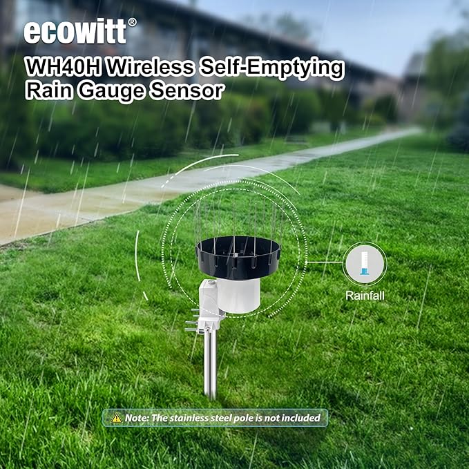 ECOWITT WH40BH Wireless Rain Gauge Outdoor Sensor, with 5cm/1.96in Height Self-Emptying Rainfall Collector Funnel, 15 Pcs Bird Spikes - - Accessory Only, Can Not Be Used Alone, 915 MHz
