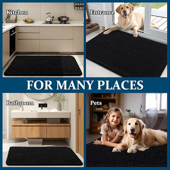 OLANLY Dog Door Mat for Muddy Paws 36x24, Absorbs Moisture and Dirt, Absorbent Non-Slip Washable Doormat, Quick Dry Chenille Mud Mat for Dogs, Entry Indoor Entryway Carpet for Inside Floor, Black