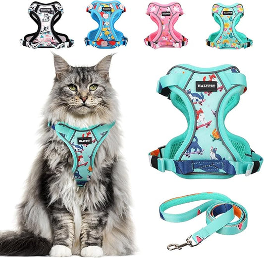 Halypet Cat Harness and Leash Set[MAX Safety 4th-Gen] Cute Escape Proof Vest Harness for Girl&Boy Cat Walking, Comfortable Adjustable Leash and Reflective Strips for Outdoor Kitten, M Purrfect Green