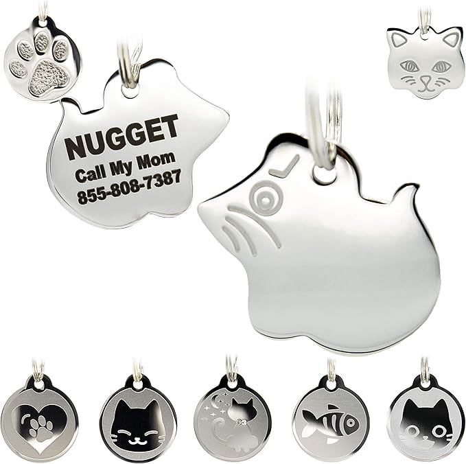 Stainless Steel Cat ID Tags - Engraved Personalized Cat Tags includes up to 4 Lines of Text with Mouse Shape
