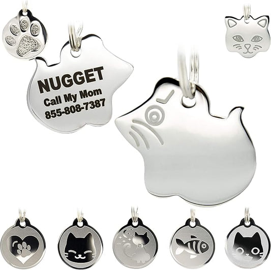 Stainless Steel Cat ID Tags - Engraved Personalized Cat Tags includes up to 4 Lines of Text with Mouse Shape