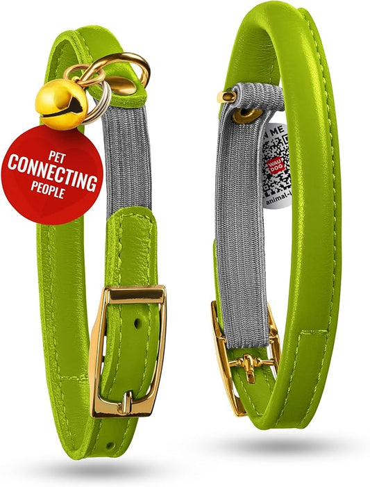 WAUDOG Ultra Soft Rolled Leather Cat Collar with Removable Bell, Safety Elastic Strap and QR ID Tag - Soft Padded for Small, Medium, and Large Cats - Round Kitten Collar for Male and Female Cats