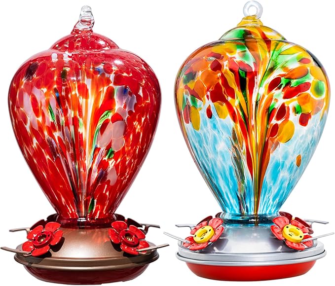 2 Packs Hummingbird Feeder for Outdoors Hanging Ant and Bee Proof, 34OZ Hand Blown Glass Hummingbird Feeders for Outside, Christmas Decoration Gifts for Mom (Blue & Red)