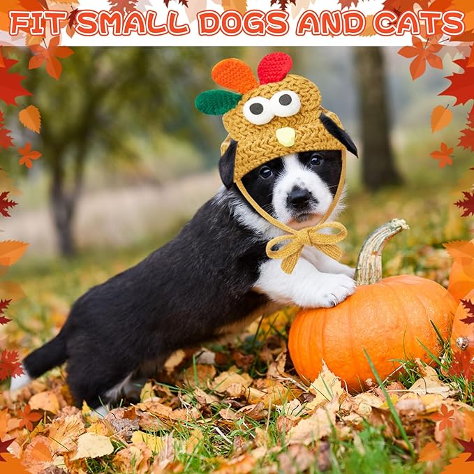 3 Pcs Knitted Turkey Cat Costumes Cat Dog Thanksgiving Turkey Hat Small Kitten Dog Pet Costumes Knitted Cap Thanksgiving Apparel Cosplay Accessory Headwear (Adorable)