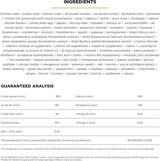 Go! Solutions Carnivore, Grain-Free, Protein Rich Dry Dog Food, Chicken, Turkey and Duck Puppy Recipe, Small Kibble, 12 lb Bag