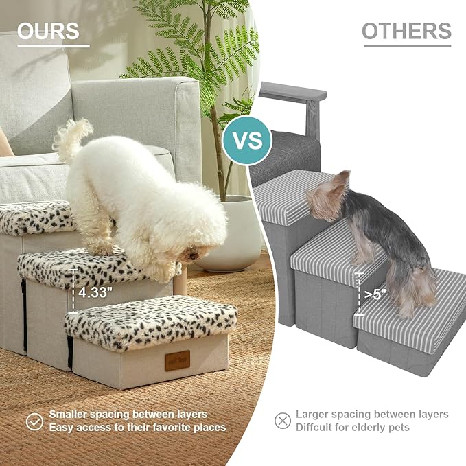 Dog Stair for Small Dogs with Storage, Foldable Pet Stairs for Medium or Puppy Dogs and Older Cats, Dog Steps for Bed or Couch with Soft Cover, 19.7x13x9.6 inch, 2 Tiers, Leopard