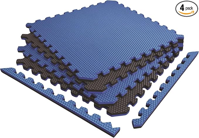 Norsk Reversible Exercise Mats 3/4" Thick EVA Interlocking Foam Tiles, Perfect Home Gym Flooring, 4 Tiles & 8 Trim Pieces, 16 Sq. Ft. 24"x24" Dazzling Blue/Black