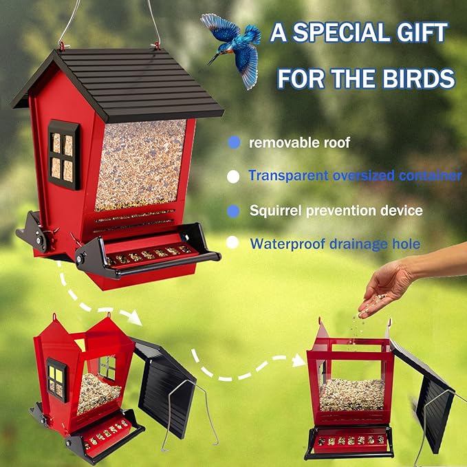LSCQYYCCSquirrel Proof Bird Feeders for Outdoors Hanging, 5LB Capacity Metal Wild Birdfeeders Outside Hanging,Large Feeder That Attracts Cardinals, Chickadees, and More Birds-One in red ﻿