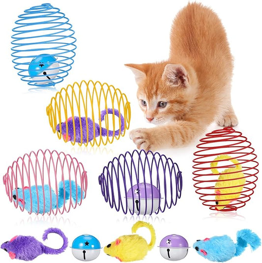 Jecery 5 Pcs Halloween Cat Spring Balls Toys Stretchable Rolling Balls Colorful Playful Coils Interactive Spring Action Toy Caged Rats for Kitten Cat Pet Supplies(Mouse and Bell,Multicolor,5 Pcs)