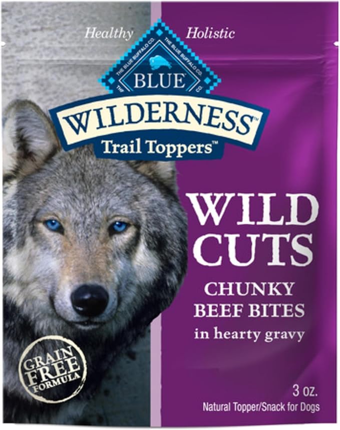 Blue Buffalo Wilderness Trail Toppers Wild Cuts Wet Dog Food, High-Protein & Grain-Free, Made with Natural Ingredients, Chunky Beef Bites in Hearty Gravy, 3-oz. Pouches, (24 Count)