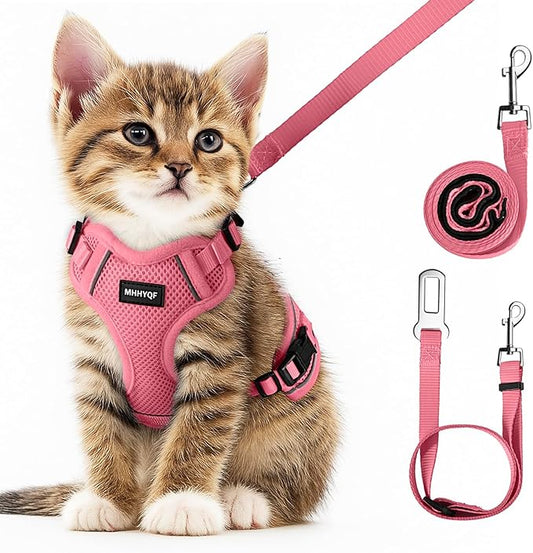 Cat Harness and Leash Set for Walking Escape Proof, Improved Four Place Adjustable Cat Car Harness, Soft Kittens Vest with Reflective Strip for Cats, Comfortable Outdoor Vest, Pink, XS