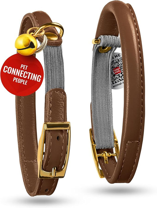 WAUDOG Ultra Soft Rolled Leather Cat Collar with Removable Bell, Safety Elastic Strap and QR ID Tag - Soft Padded for Small, Medium, and Large Cats - Round Kitten Collar for Male and Female Cats