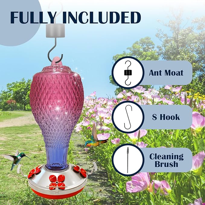 Hummingbird Feeder for Outdoors,17 OZ Glass Humming Bird Feeder for Garden,Backyard Decor,Four Flowers Feeding Ports,Leak Proof,Ant Moat Included,Humming Gifts for Women
