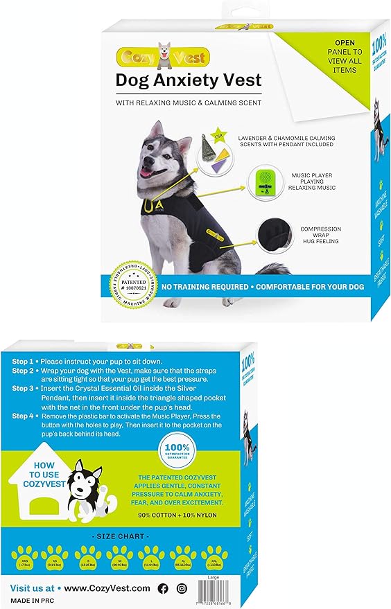 CozyVest® Dog Anxiety Vest 3-in-1 Music & Aromatherapy Shirt, Relaxing Sound & Essential Oil Scent Jacket, Fireworks Thunder Separation & Thunderstorm Canine Stress Relief Coat (Gray, XL [65-110 Lbs])