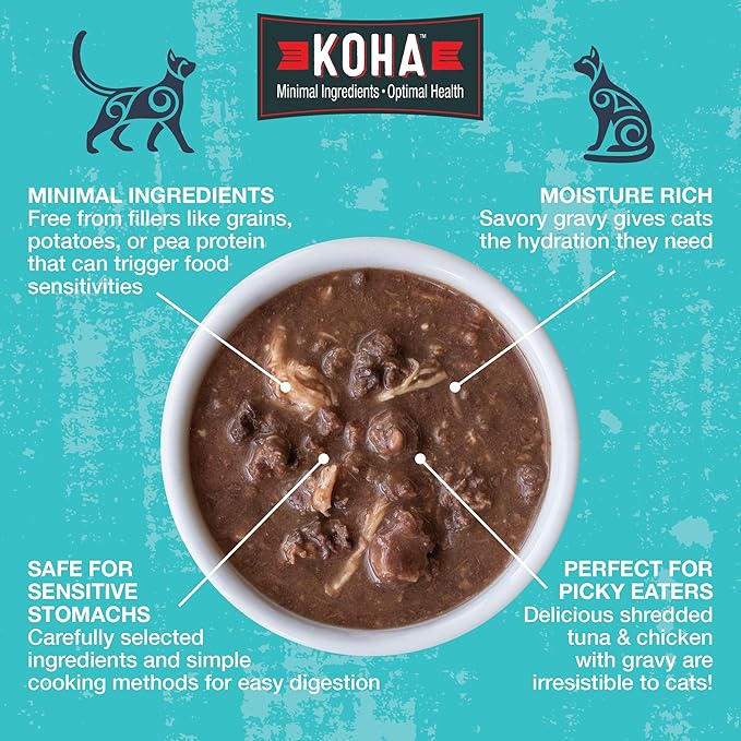 KOHA Pet Food Poké Bowl Cat Variety Pack, Wet Cat Food in Gravy - 5 Flavors - Tuna Combinations of Salmon, Chicken, Duck, Shrimp, and More - 3 oz Pouches, Pack of 24