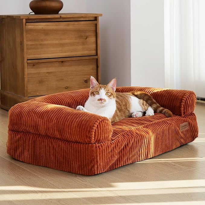 FUKUMARU Dog Couch Bed, Corduroy Cozy Cat Bed for Indoor Cats with Washable Cover, Supportive Waterproof Dog Beds Sofa for Small Dogs and Large Cats Cute, 28inch, Medium, Orange
