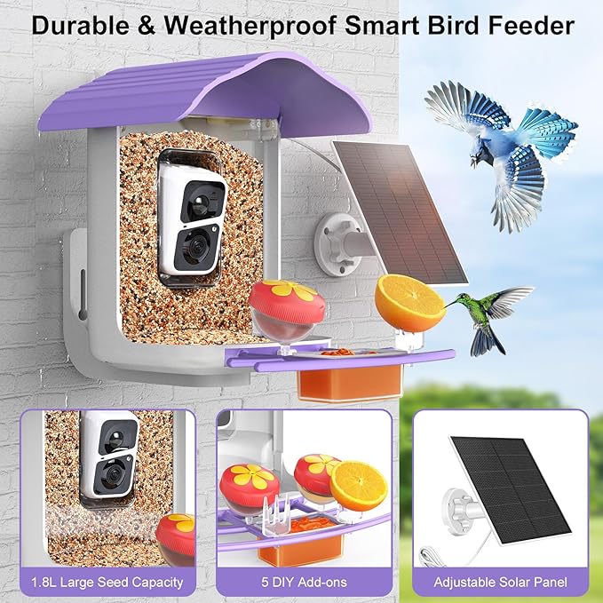birdsnap® PAV- Smart Bird Feeder with Camera Solar Powered, 64GB Card & 2K HD Record Video Bird Camera Live with 5 DIY Add-ons, AI Identify Auto Capture, Ideal Gift for Birds Lover
