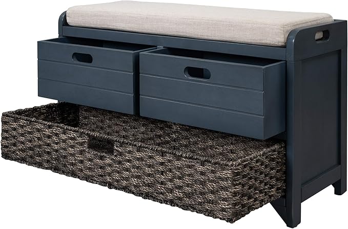 Storage Bench Removable Basket 2 Drawers Fully Assembled Acacia Wood Shoe Bench Standing Shoe Rack Removable Cushion for Living Room, Entrance Hallway, No Assembly Required Navy