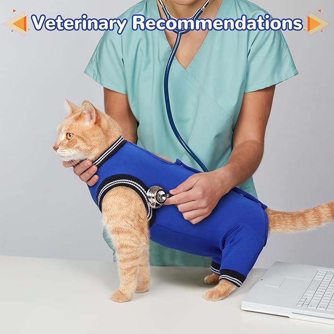 PUMYPOREITY Cat Recovery Suit for Hind Legs, Cat Surgical Spay Suit with Leg Sleeves to Stop Licking, Long Rear Sleeve Wound Cover Abdomen Kitten Onesie, Blue, S
