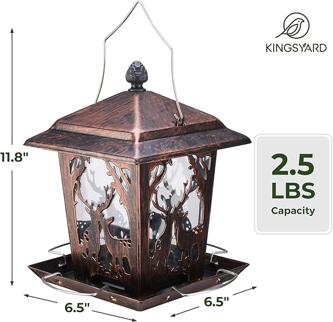 Kingsyard Metal Bird Feeder for Outdoor Hanging - Unique Design Wild Bird Hopper Feeder with 4 Perches and Rainproof Roof, Antique Copper