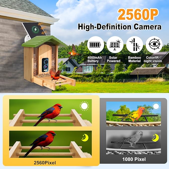 Smart Bird Feeder with Camera,Premium Bamboo Wood–2.5K UHD AI-Powered Recognition, Solar Powered & Waterproof Outdoor Wireless Design, Auto-Detects 12K Species–Ideal Gift for Bird Watching