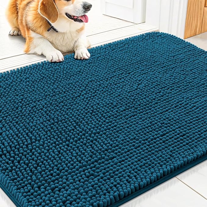 Smiry Dog Door Mat for Muddy Paws 30x20, Absorbs Moisture and Dirt Doormat, Non-Slip Washable Quick Dry Chenille Front Door Mat Indoor Entrance, Entryway Carpet for Inside Floor, Atlantic Blue
