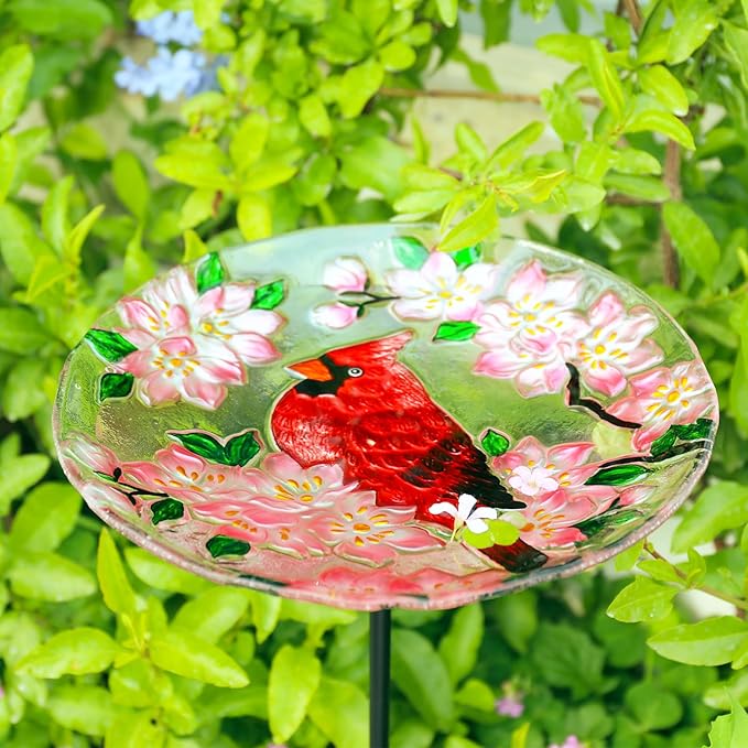 MUMTOP Glass Bird Baths for Outdoors-Outdoor Bird Bath Bowl- Cardinal and Flower Birdbaths Yard Stake, Bird Feeders for Outside, Garden, Patio, Lawn Decor