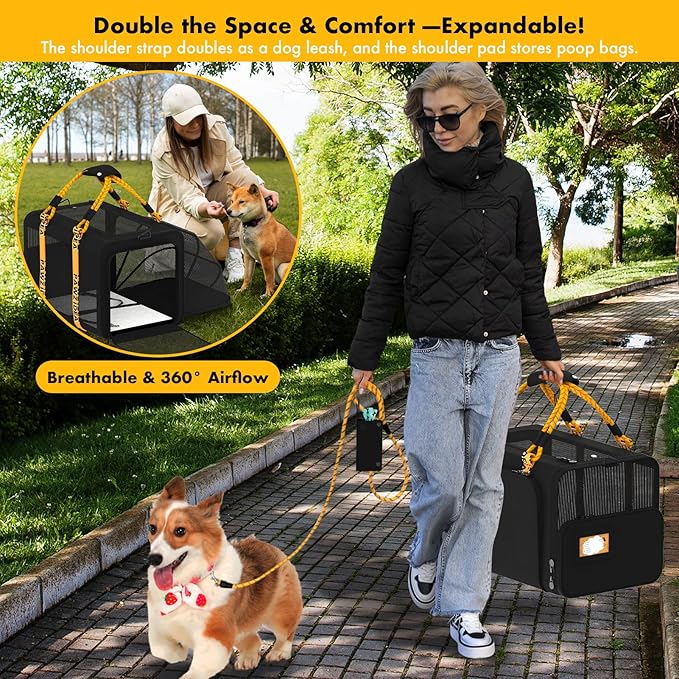 PAWZIDEA Expandable Large Pet Carrier with Wheels, 24x16x16 in Rolling Cat Carrier for 2–4 Cats up 55lb, Soft-Sided Collapsible Small Medium Dog Crate for Car Travel, Telescopic Handle, Storage Pocket