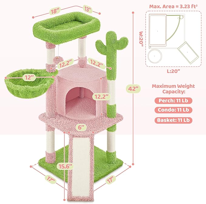 Yaheetech Cactus Cat Tree, 42in Cat Tower for Indoor Cats, Multi Level Kitten Condo Scratching Post, Pet Activity Center Furniture w/Ball, Plush Perch, Platform, Basket, Pink/Green