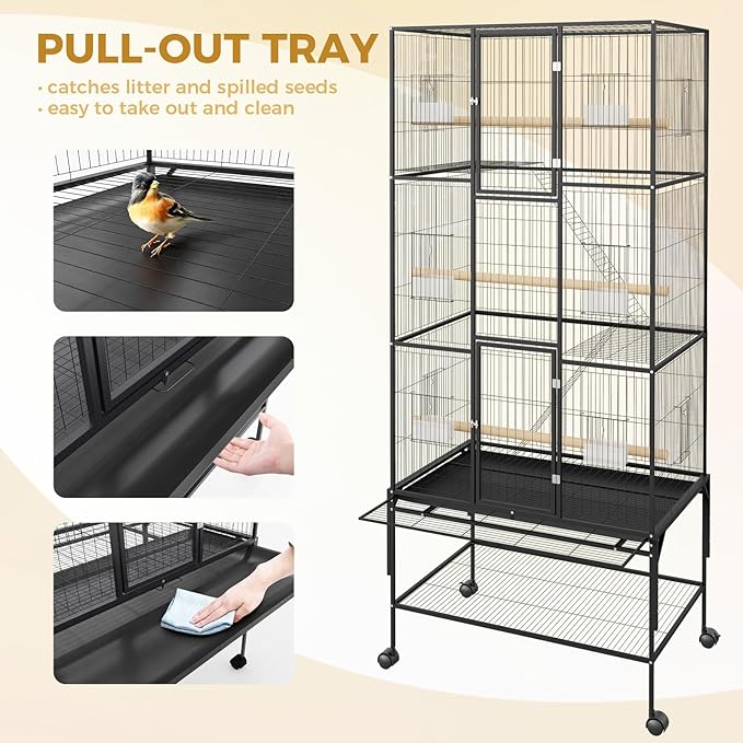 69inch Large Bird Cage Parrot Cage Metal Parrot Flight Cage for Budgie Parakeet Conure, Feeders, Ladders, Perches, Slide-Out Tray Rolling Cockatiel Cage for Mid-Sized Parrots Detachable Storage Stand