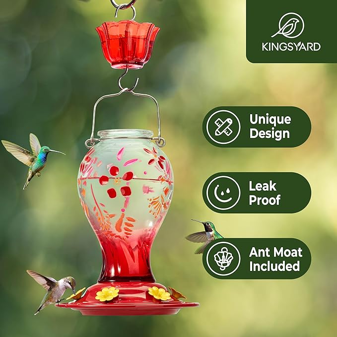 Kingsyard Hummingbird Feeder for Outdoors, Glass 26 oz Leak Proof Feeder with Ant Moat & 6 Ports, Hanging Bird Feeder for Garden Decor, Red