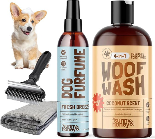 Sunny & Honey Dog Grooming Kit & Shampoo Bundle Pack - 16 oz Coconut Honey Shampoo & Conditioner Set - 8 oz Breeze Dog Deodorizing Spray - Deshedding Brush - Microfiber Towel