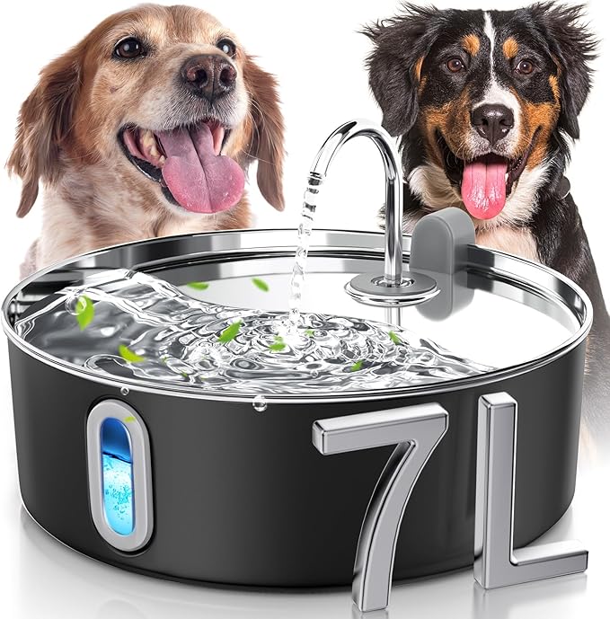 Dog Water Fountain for Large Dogs 7L/236oz Stainless Steel Dog Water Bowl Dispenser Automatic Pet Water Fountain, Multi-Filtration Pet Fountain with Ultra-Quiet Pump (Black)