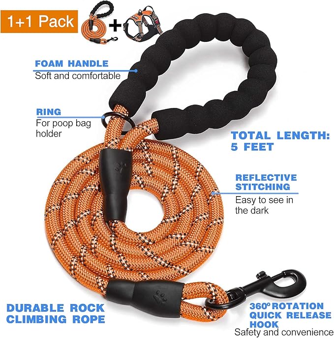 No Pull Dog Harness Adjustable Reflective Oxford Easy Control Medium Large Dog Harness with A Free Heavy Duty 5ft Dog Leash (S (Chest: 17.5"-21"), Orange Harness+Leash)