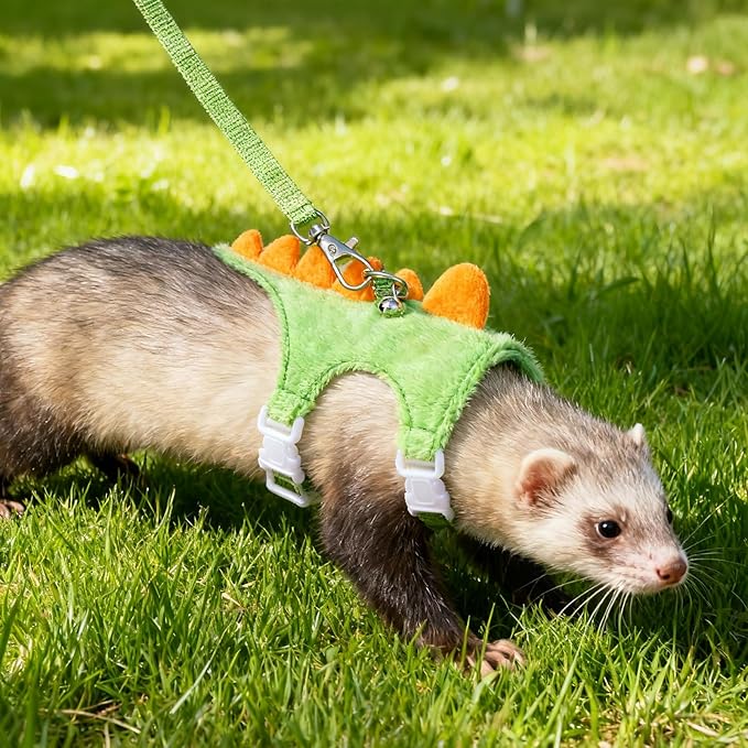 Ferret Harness and Leash Set Dinosaur Shaped Small Pet Harness and Leash Set with Safety Bell, Adjustable Vest for Ferret, Hedgehog, Guinea Pig, Rabbit and Other Small Animals