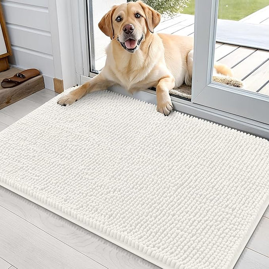 OLANLY Dog Door Mat for Muddy Paws 36x24, Absorbs Moisture and Dirt, Absorbent Non-Slip Washable Doormat, Quick Dry Chenille Mud Mat for Dogs, Entry Indoor Entryway Carpet for Inside Floor, Ivory