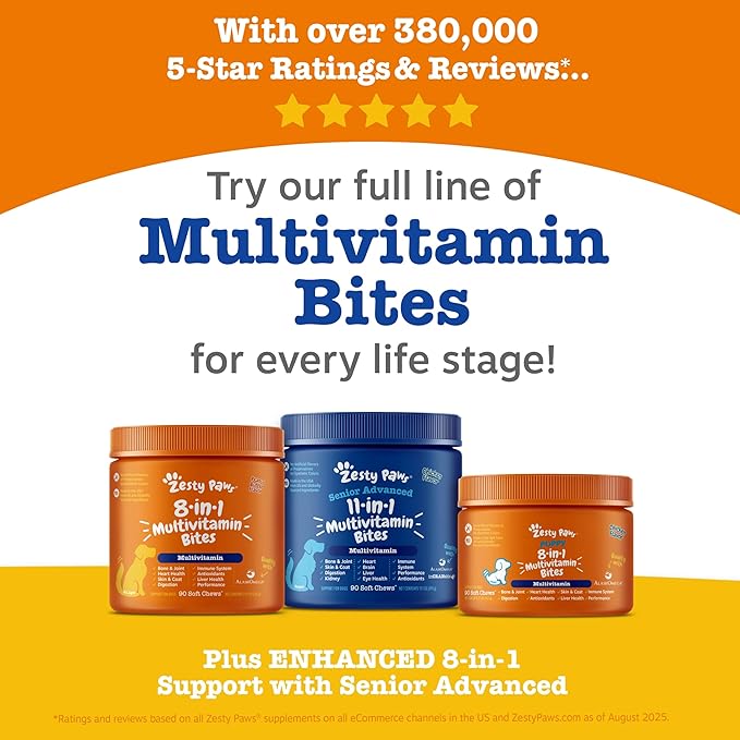Zesty Paws Dog Multivitamin, Chewable Dog Vitamins and Supplements for Hip & Joints, Skin & Coat, Omega 3 Fish Oil for Dogs- Senior & Puppy Multivitamin - Bison- 90ct