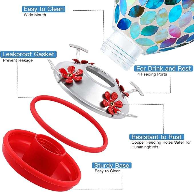 VOREEN Glass Mosaic Hummingbird Feeders, Handmade 34OZ with Ant Moat & 4 Feeding Ports, Glass Outdoor Hanging Bird Feeder, Porch Garden Backyard Decor, Gift for Mom Wife Friend, Blue Leaves Design